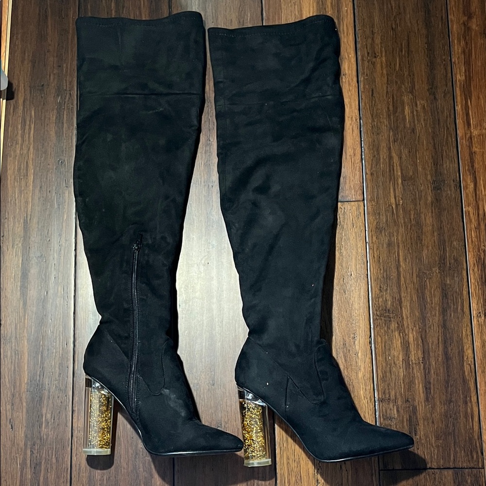 Charlotte Russe Black Over-the-Knee Boots with Clear Gold Heel